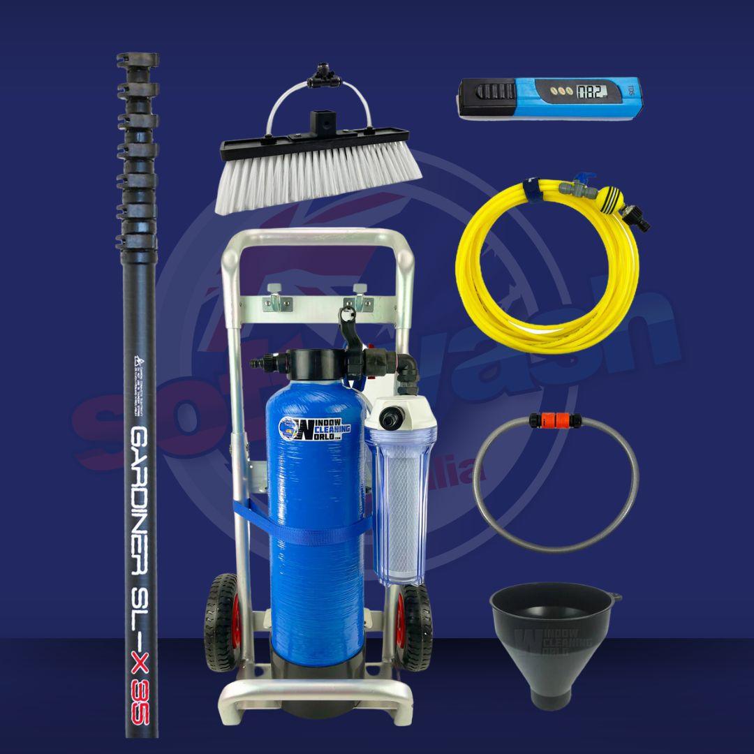 3 Storey Water-Fed Window Cleaning Package Pole, 12.5L Tank with Trolley and All Attachments