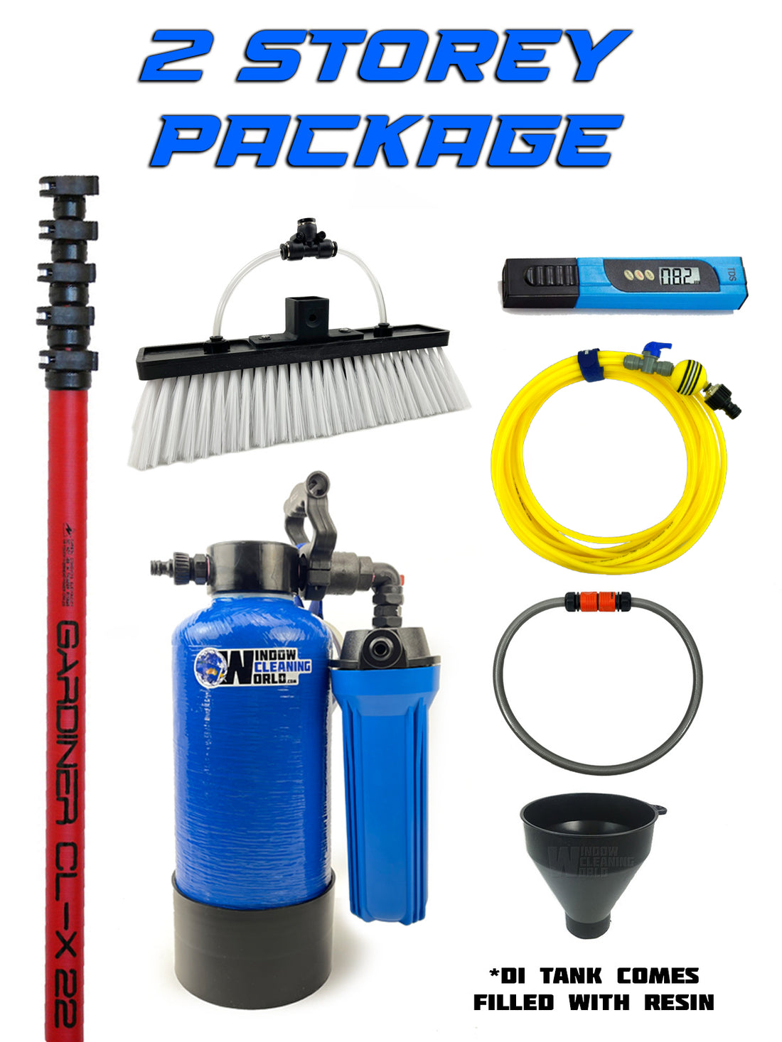 2 Storey Water-Fed Window Cleaning Package Pole, 8L Tank, Resin and All Attachments