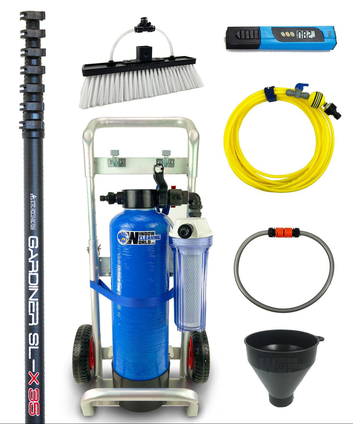 3 Storey Water-Fed Window Cleaning Package Pole, 12.5L Tank with Trolley and All Attachments