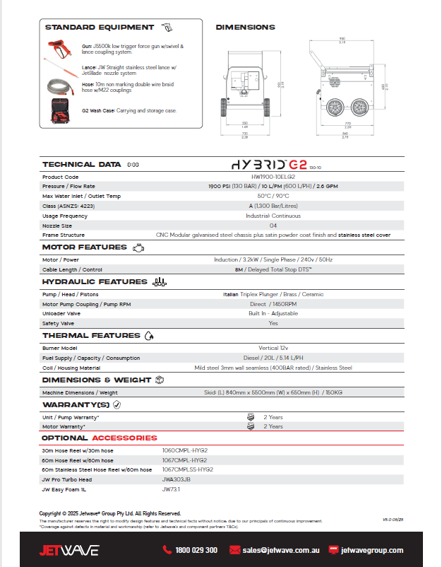 G2 Hybrid Jnr (130-10) Hotwater Electric Pressure wash Unit