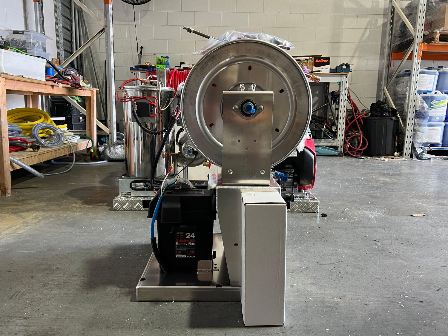 Complete system offering Sturdy base and hose reel in a handy elevated position. 2 x 12V Versajet Pumps, Ample hose and quality fittings and fixtures.