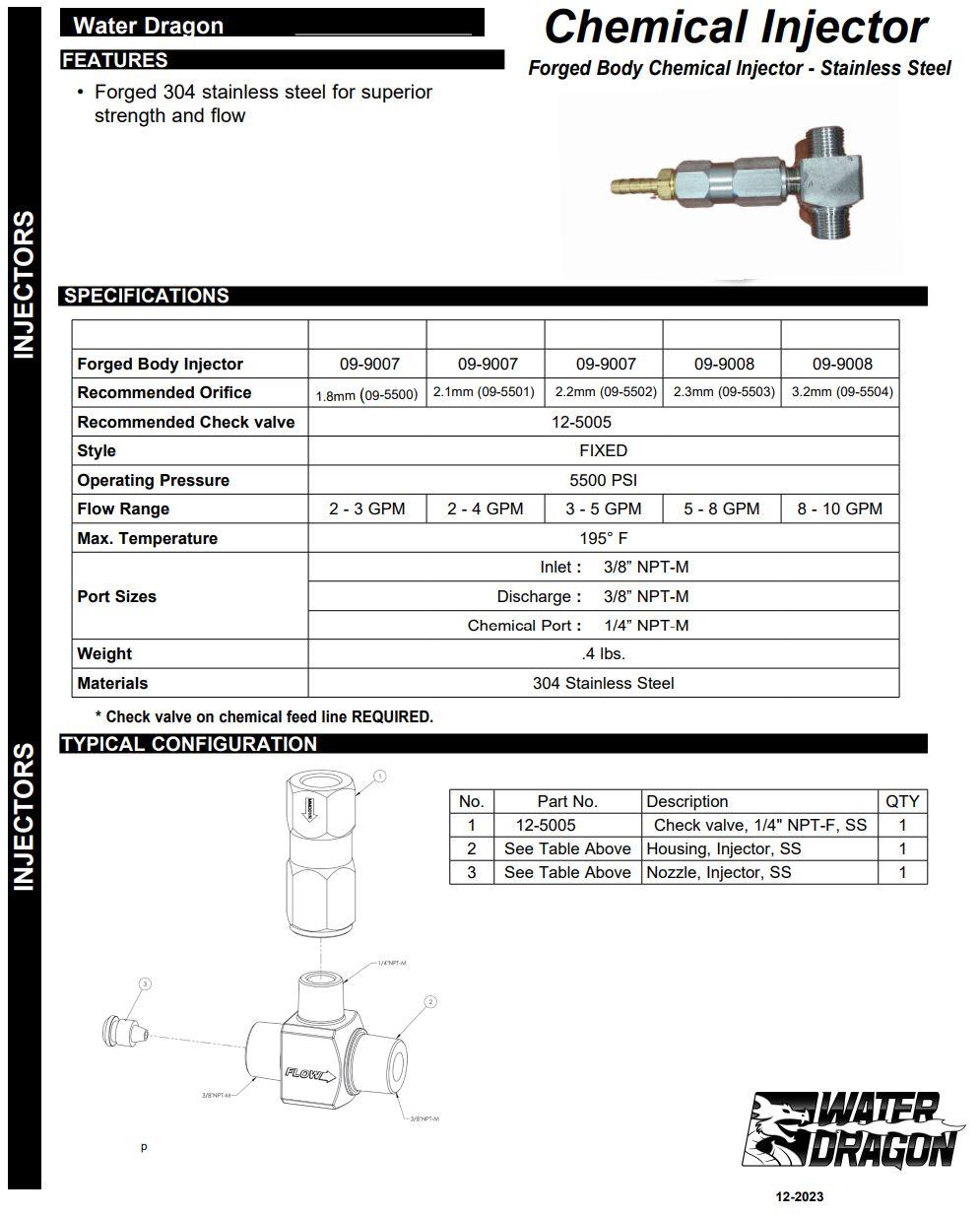 Stainless Steel High Draw Chemical Injector (Non-Adjustable)
