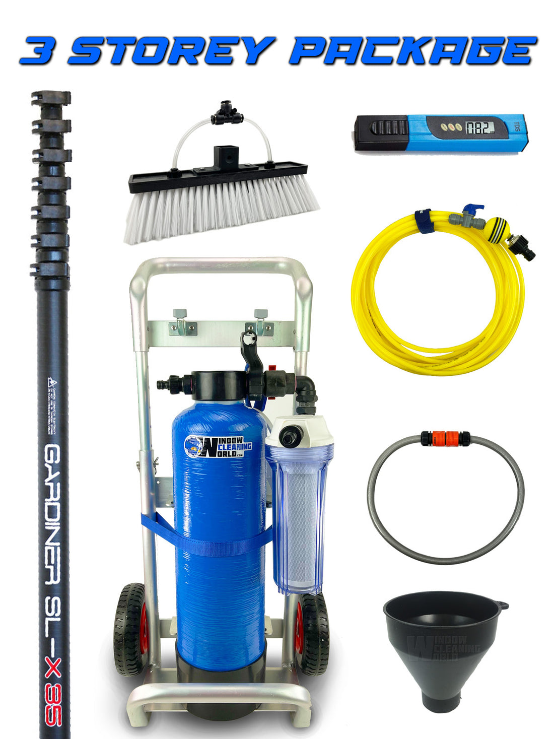 3 Storey Water-Fed Window Cleaning Package Pole, 12.5L Tank with Trolley and All Attachments