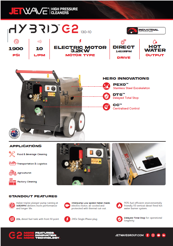 G2 Hybrid Jnr (130-10) Hotwater Electric Pressure wash Unit